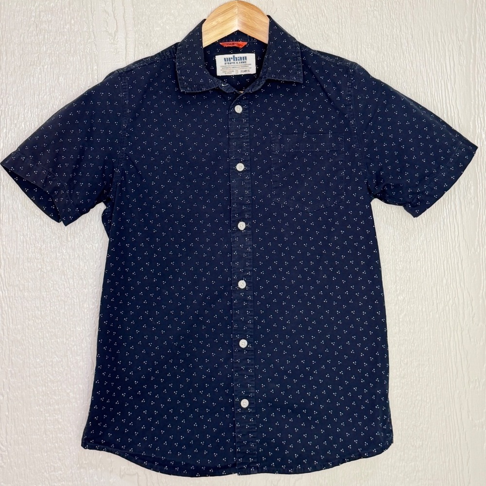 Urban Pipeline Boys XL Navy Blue MaxFlex Dot Short Sleeve Button Down Shirt